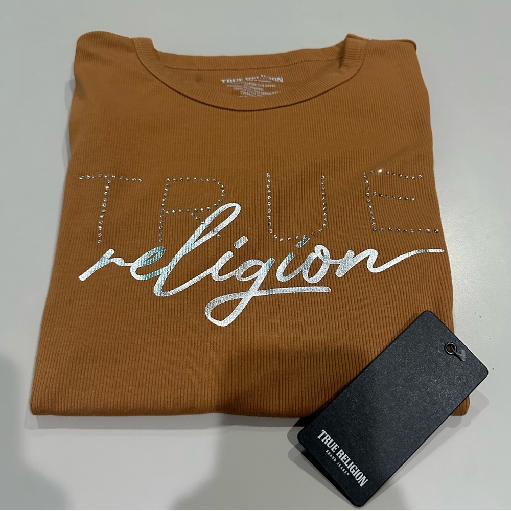 True Religion Women’s Top Size XL Carmel Brown with Silver Logo on front.  NWT!